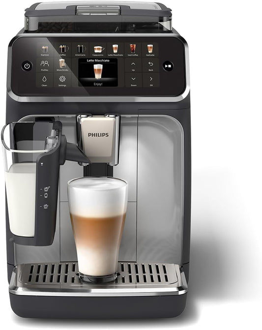 Serie 5500 EP5546/70 Kaffeevollautomat – LatteGo Milchsystem, 20 heiße und kalte Kaffeespezialitäten, 40% leiser mit SilentBrew, QuickStart, Schwarz und Silber