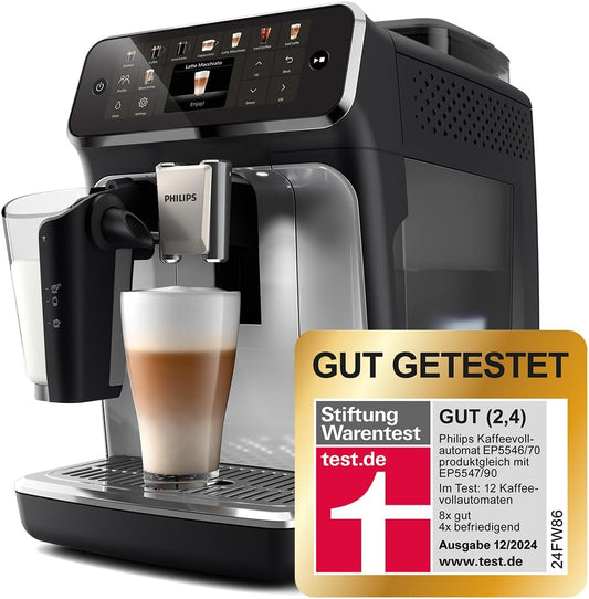 Serie 5500 EP5546/70 Kaffeevollautomat – LatteGo Milchsystem, 20 heiße und kalte Kaffeespezialitäten, 40% leiser mit SilentBrew, QuickStart, Schwarz und Silber